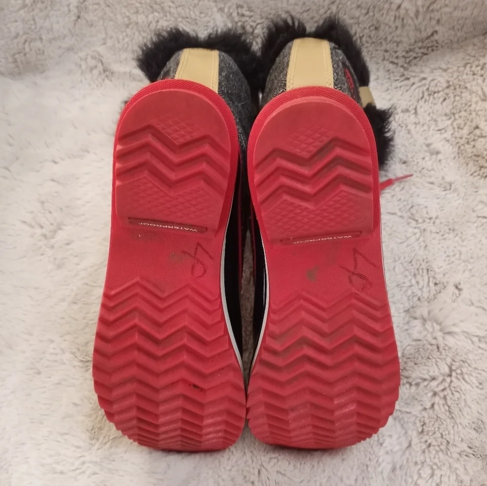 Sorel Women's Black, Tan & Red Winter Rain Boots with Faux Fur Trim